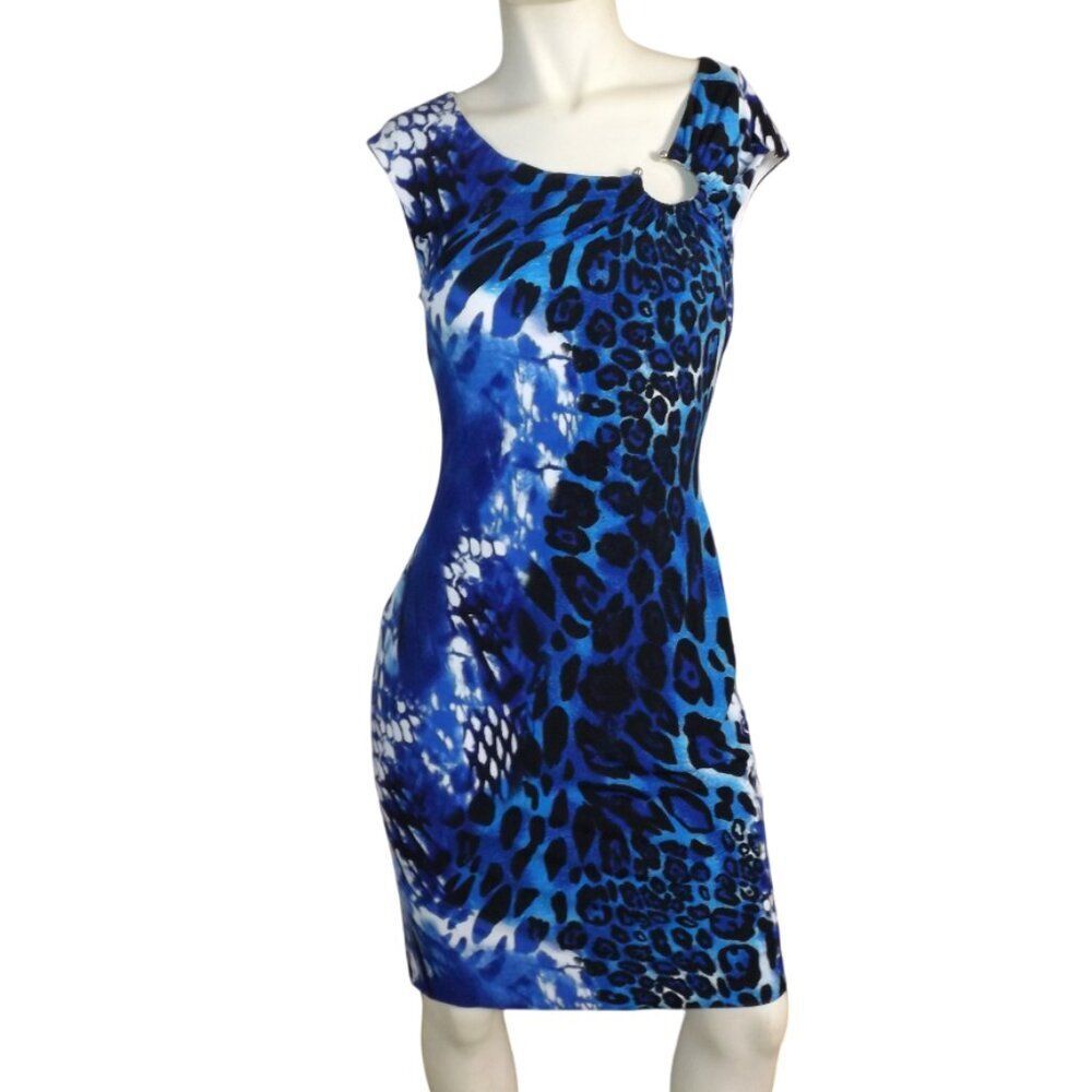 CACHE Dress, 6, Blue Leopard, Bodycon/Stretch, Drop shoulder, Colorful, Ring - Picture 5 of 10